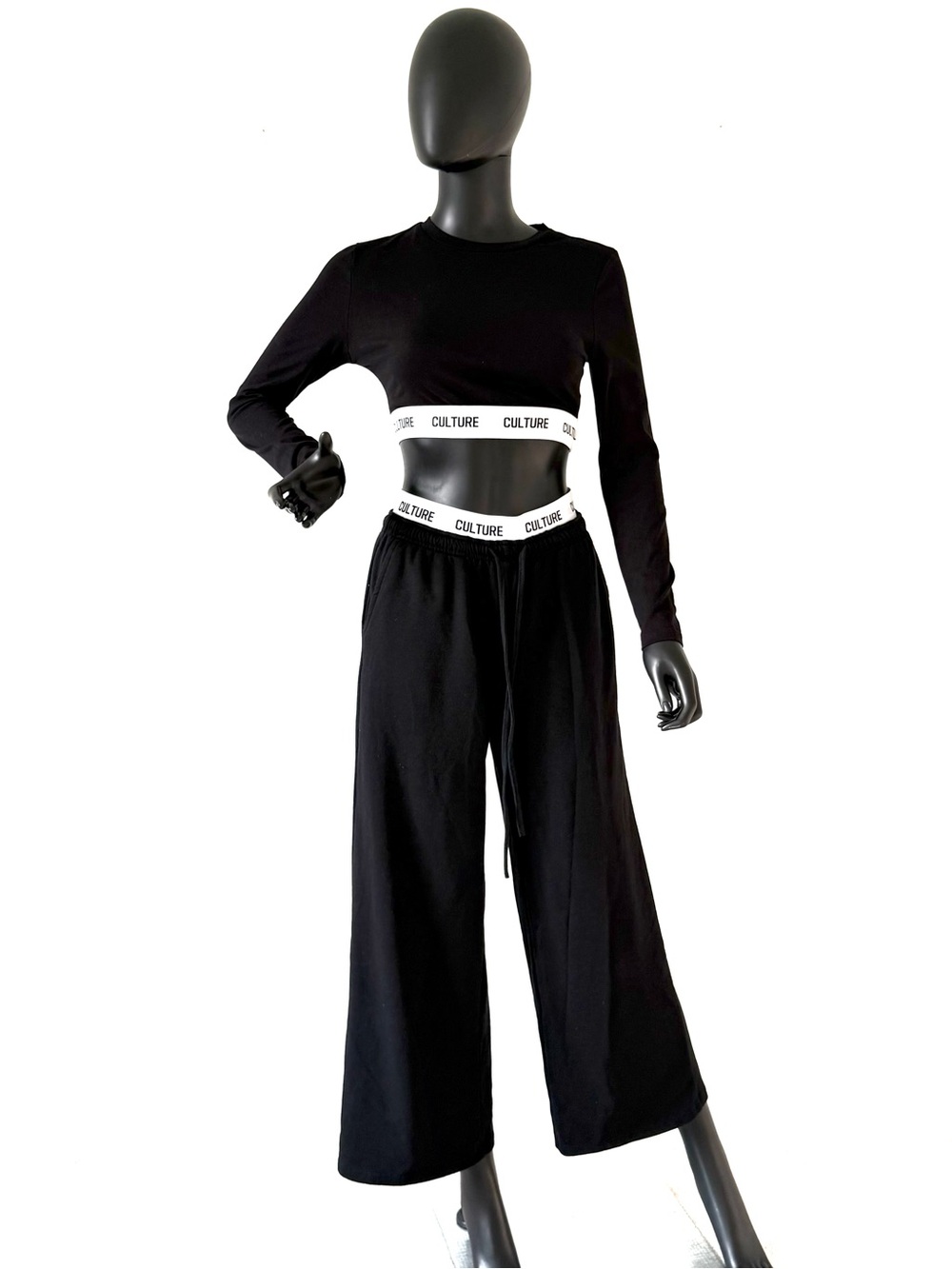 Long Sleeve Crop Top Wide Leg Pants Tape Pants Flare Casual Set Slim Tee Blouse